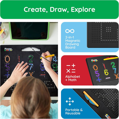PicassoTiles 2PK 4-in-1 Magnetic Drawing Board 12x10 inch Large Magnet Tablet Pad with 4 Facings Lowercase & Uppercase Alphabets, Numbers, & Freestyle STEM Learning Writing Reading Playboard PTB06