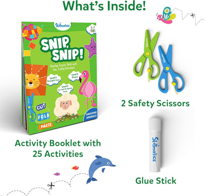 Skillmatics Scissor Skills Activity Book - Snip Snip, 25 Cutting Activities for Preschoolers, Felt Craft Kit, 2 Child-Safe Scissors, Fine Motor Skills, Screen-Free Fun, Gifts for Kids Ages 3-7