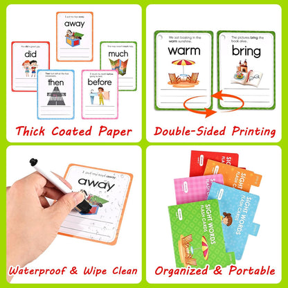 Goldge Sight Words Flash Cards Kindergarten, 220+ High-Frequency Words with Sentences Reading Writing Spelling Practice Cards with Dry Erase Markers, Learning Activities for Preschool Grade 1 2 3