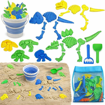 TOY Life 30 Pcs Dinosaur Fossil Beach Toys for Kids Ages 4-8 Collapsible Sand Toys with Dinosaur Toys Silicone Bucket Shovels & Dino Digging Building Kit Molds, Sandbox Toy for Summer, Travel
