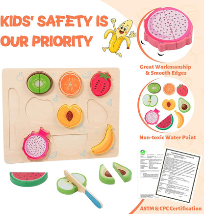 Wooden Cutting Fruit Puzzles for Kids 3 4 5 Years,Wooden Peg Puzzles for Play Food-Cutting Fruits for Toddlers 2-4 Years,Pretend Play Kitchen Accessory,Montessori Educational Toys Gift for Boys Girls