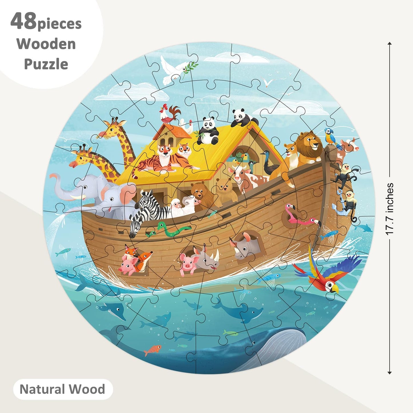 Wooden Noah's Ark Puzzle for Kids Ages 4-8, Large 48 Piece Round Floor Puzzles for Kids Ages 3-5, Christian Bible Religious Wooden Jigsaw Puzzle for 3 4 5 6 7 8 Year Old