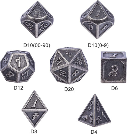 DnDnD Heavy Polyhedral Metal Dice Set with Metal Box, 7-die Shiny Blue Surface with Golden Number for RPG,Dungeons and Dragons,Pathfinder,Shadowrun,D&D,Role Palying Game and Math Teaching - Colors A