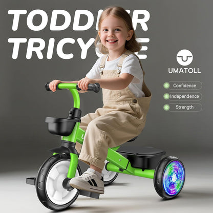 Umatoll Tricycle for Toddlers 2-5 Year Old, Ajustable Toddler Bike Outdoor Toys, Birthday Gift for Girl Age 2-4, Trike with Light up Wheels