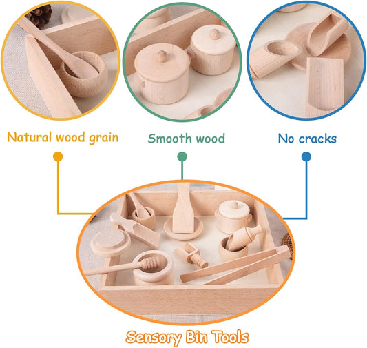 Montessori Sensory Bin Tools Toy with Wooden Box for Toddlers, Pretend Play Dish Toys Wooden Bowls Scoop Tongs Transfer Work Pouring Set, Kids Fine Motor Skills Development