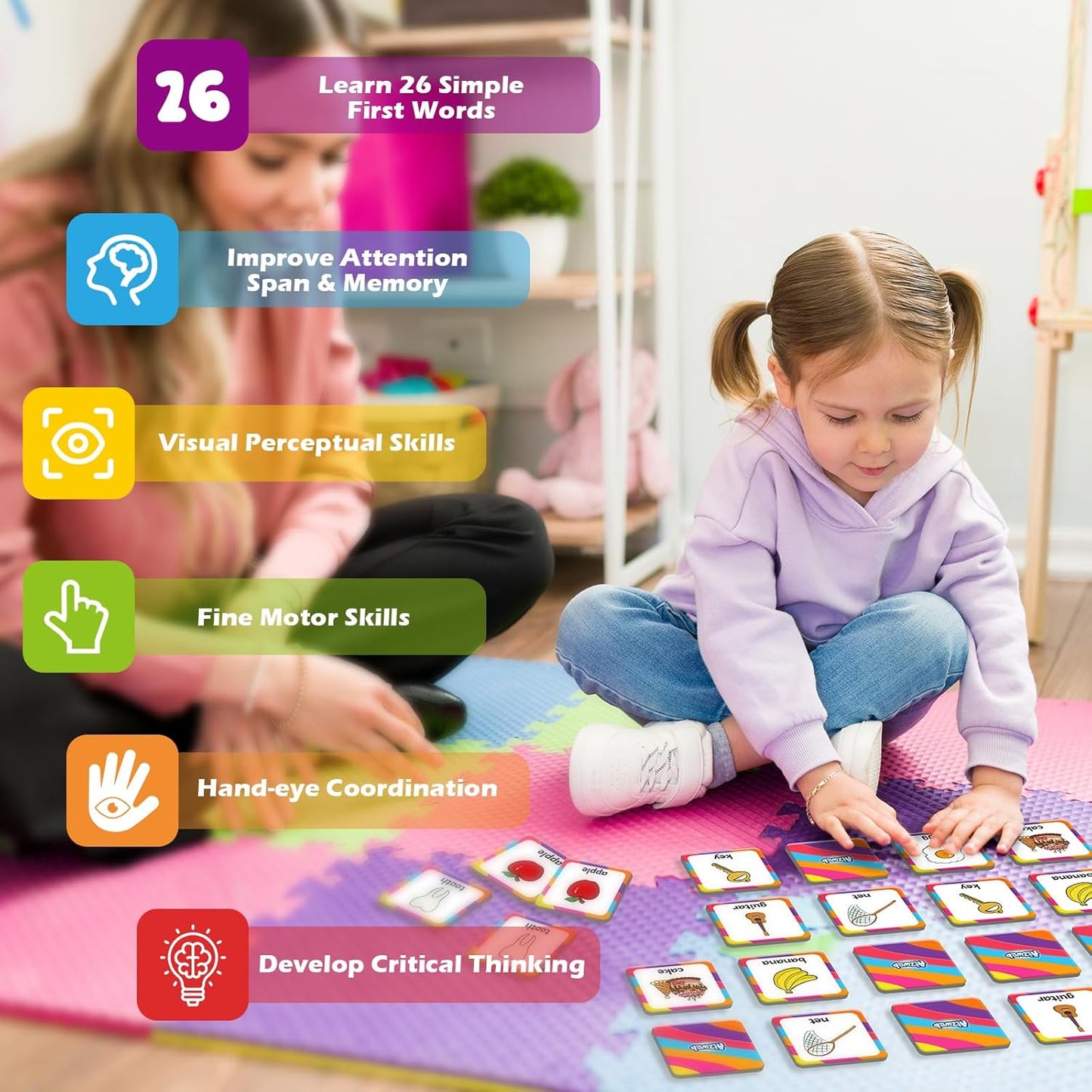Aizweb CVC Word Match Game - 60 Pc Toddler Card Games for Kids Ages 3-6, Phonics Flash Cards for Preschool & Kindergarten Learning Activities, Educational Toys for Home School Supplies