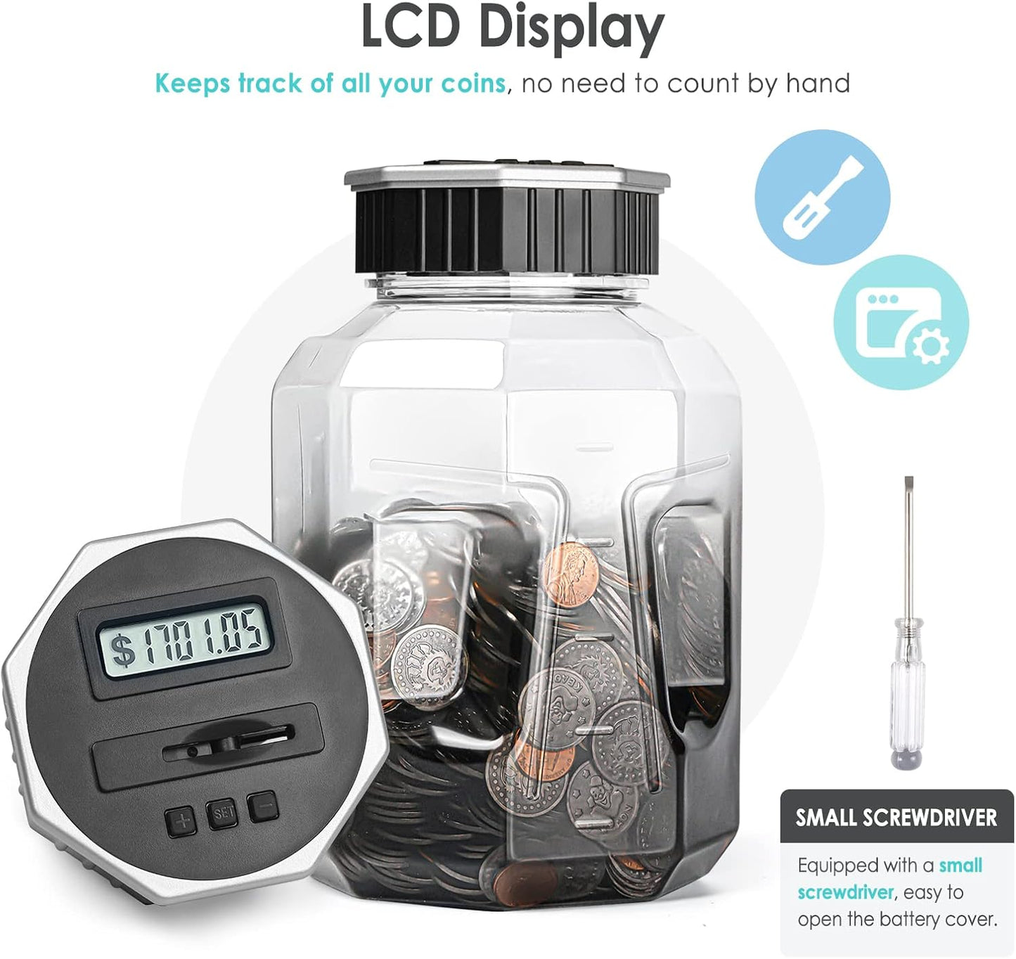 X-Large Piggy Bank for Adults Kids, Vcertcpl Digital Coin Counting Bank with LCD Counter, 2.4L Capacity, Great Coin Counter Bank Money Counting Jar with Total Amount Displayed, Bank for All US Coins
