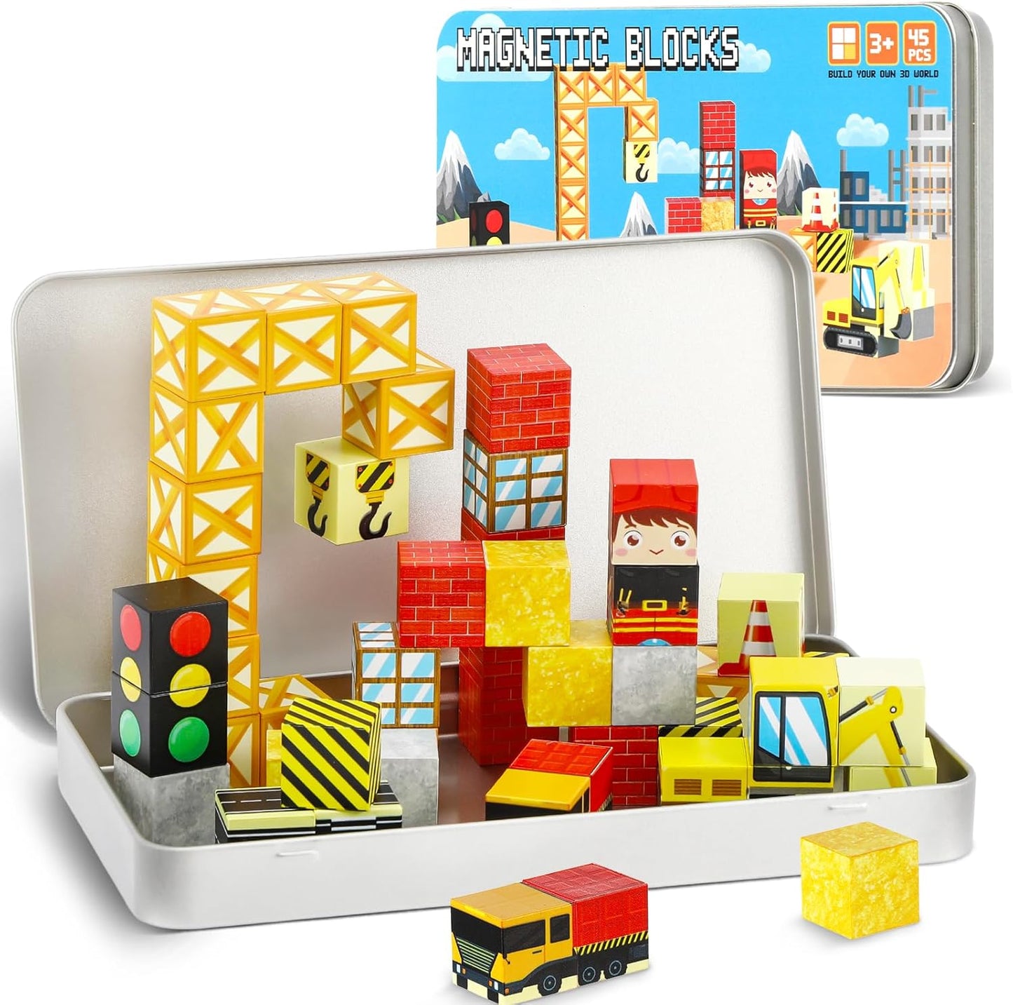 QOUBAI 45PCS Mini Magnetic Blocks Travel Toys, Magnet Building Cubes Tiles Set with Portable Iron Case, Learning Activities Gifts for Kids Toddlers Boys & Girls Ages 3-8 (Construction)