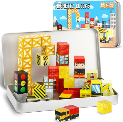 QOUBAI 45PCS Mini Magnetic Blocks Travel Toys, Magnet Building Cubes Tiles Set with Portable Iron Case, Learning Activities Gifts for Kids Toddlers Boys & Girls Ages 3-8 (Construction)