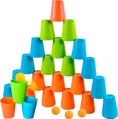 3-in-1 Cup Stacking Set; Toddler to Young Kids Quick Stacking Cups Game; Montessori Stackable Cups to Develop Hand-Eye Coordination, Motor Skills and Creative Play; Stack Cups and Ball Game; Ages 3+