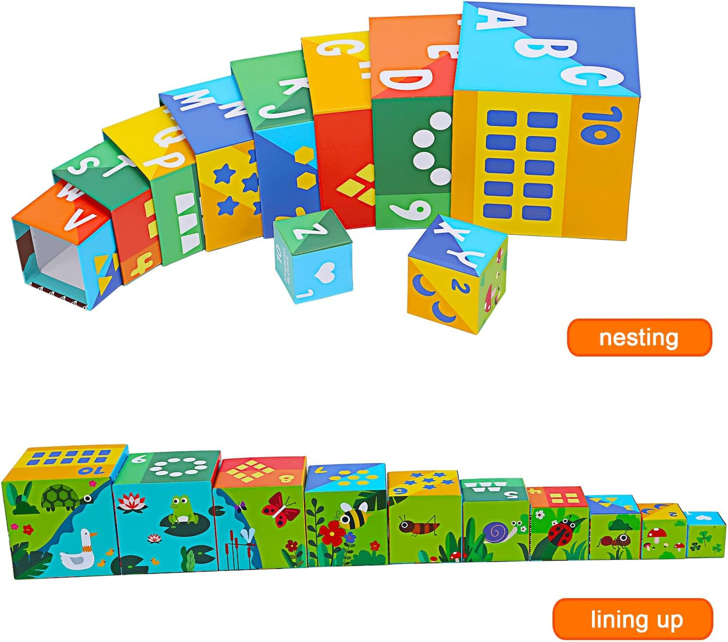 10 Pcs Nesting and Stacking Blocks for Toddlers 1-3 - Cardboard Stacking Cubes with ABC & Numbers - Montessori Educational Learning Toy - Sturdy Toddler Tower Building Set for Kids