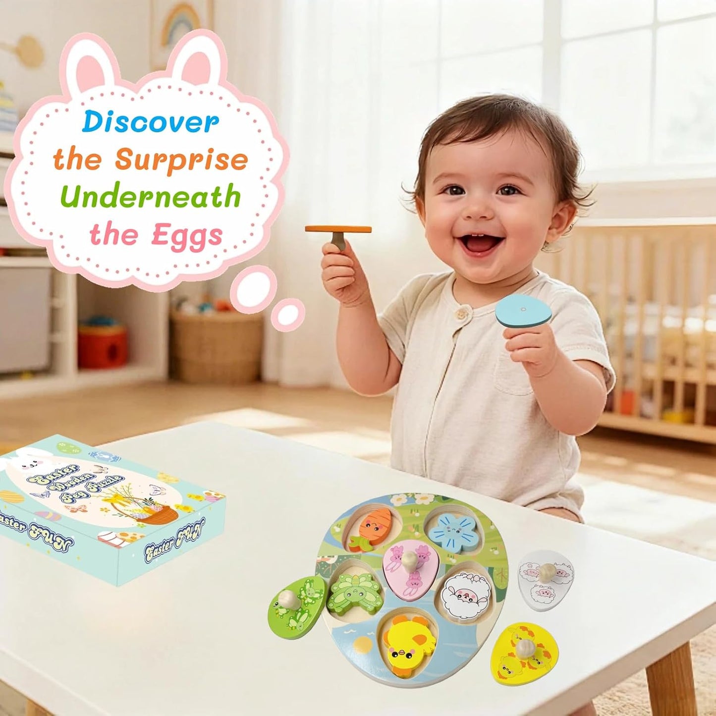 Easter Wooden Peg Puzzles Montessori Educational Toys for Toddlers 1-3 Years, Easter Basket Stuffers Party Favors for Boys Girls