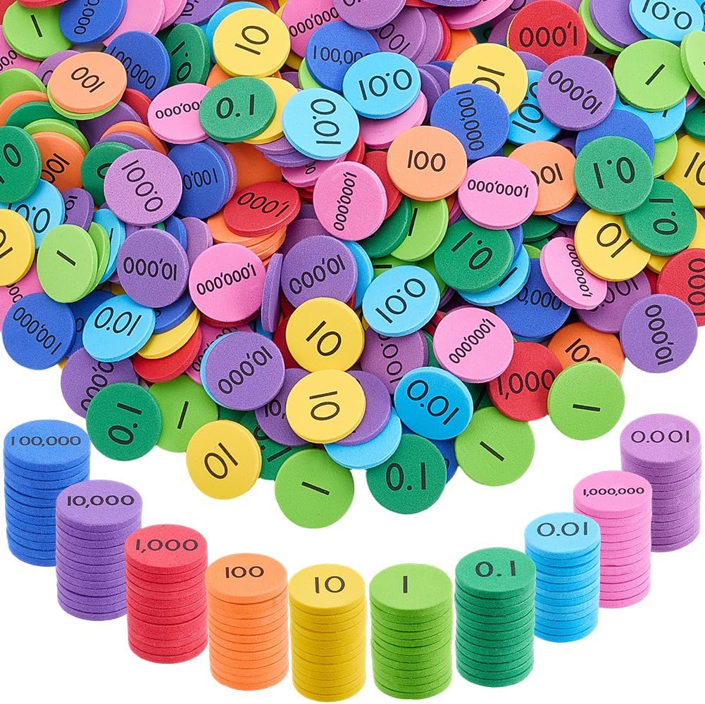 CRASPIRE 300Pcs Place Value Disks Foam EVA Decimals to Whole Numbers Counting Chips 1 Inch Mini Round Flat Color-Coded Manipulatives Math Learning Counters Discs for Elementary School Math Supplies