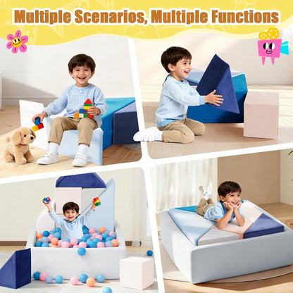 Tangram Puzzles modular kids play couch building fort, Children explorer sofa with Ball Pit, Kids playroom convertible furniture for Inspiring Child Creativity, Made entirely of sponge (Blue Series)