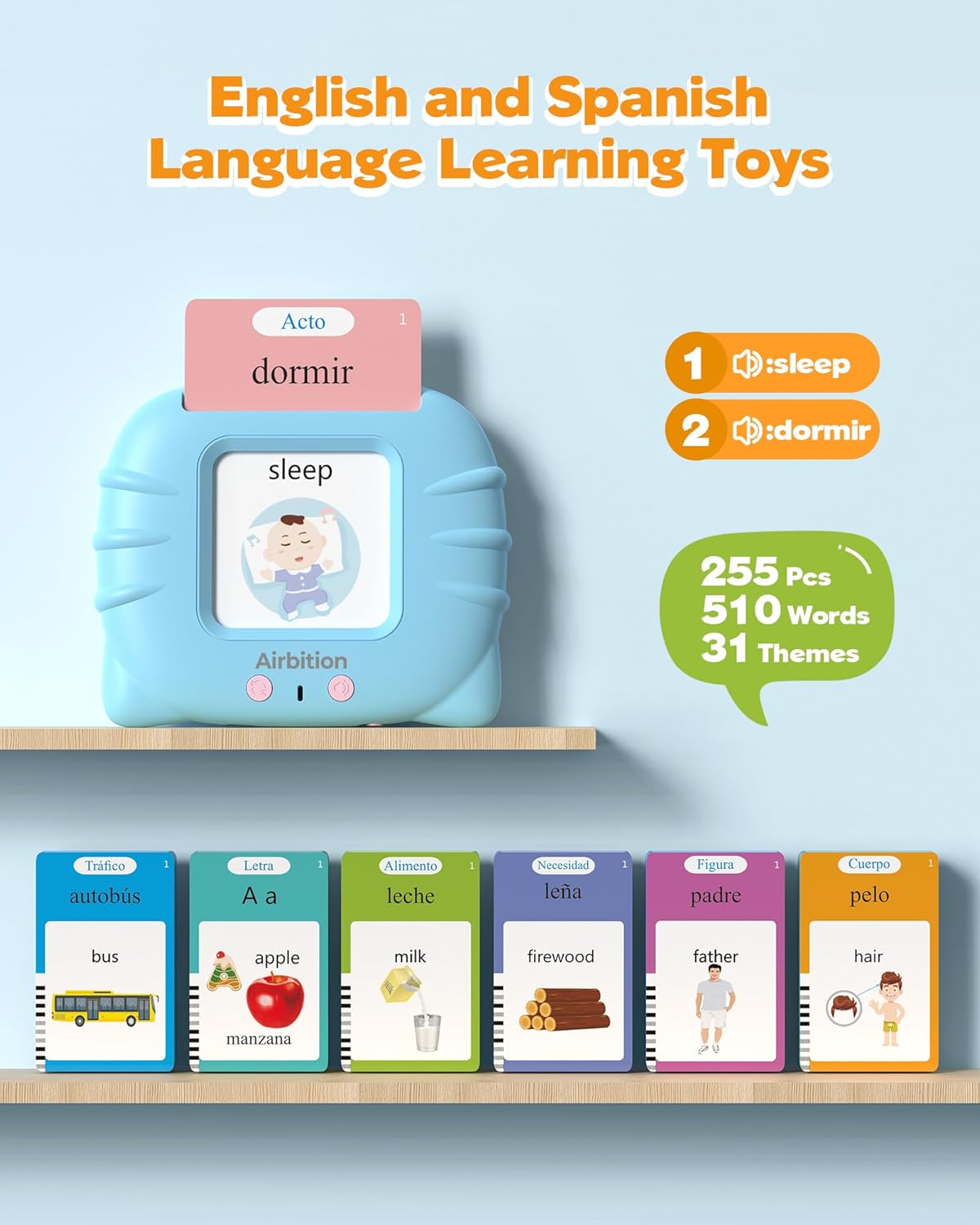 Airbition Talking Flash Cards for Toddlers 1 2 3 4 Year Olds, Montessori Language Learning Toys with 224 Words, Pocket Speech Therapy Toys, and Speech Development Educational Playthings for Children