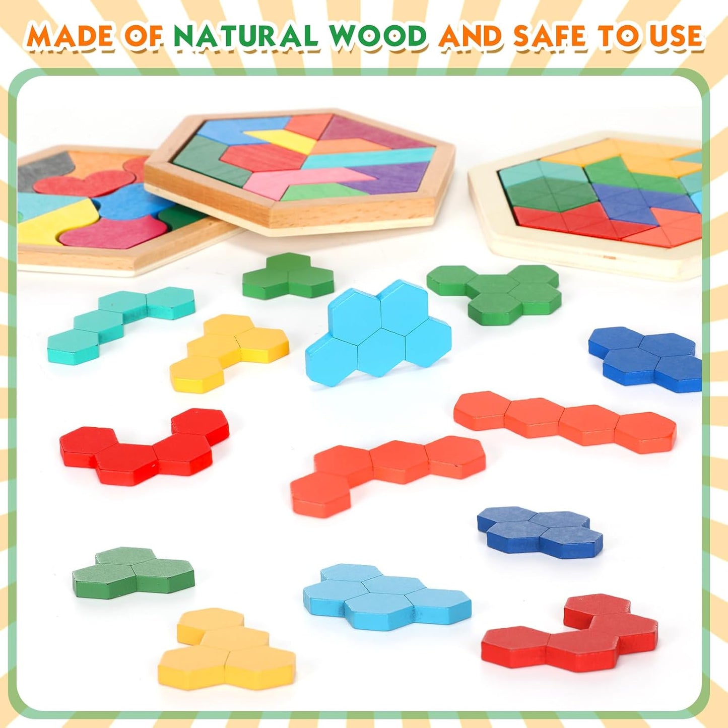 Jerify 6 Pack Wooden Tangrams Puzzles for Kids Wooden Hexagon Puzzle Block Geometric Brain Teaser Jigsaw Block 3D Logic Iq Game Stem Toy Educational Gift for Adults Challenge