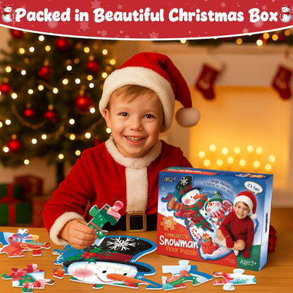 Snowman Floor Puzzle for Kids Age 4-8, 45PCS Jumbo Christmas Jigsaw Puzzle, Large 25.6" x 36.2" Winter Puzzle with Poster, for Kid Boy Girls