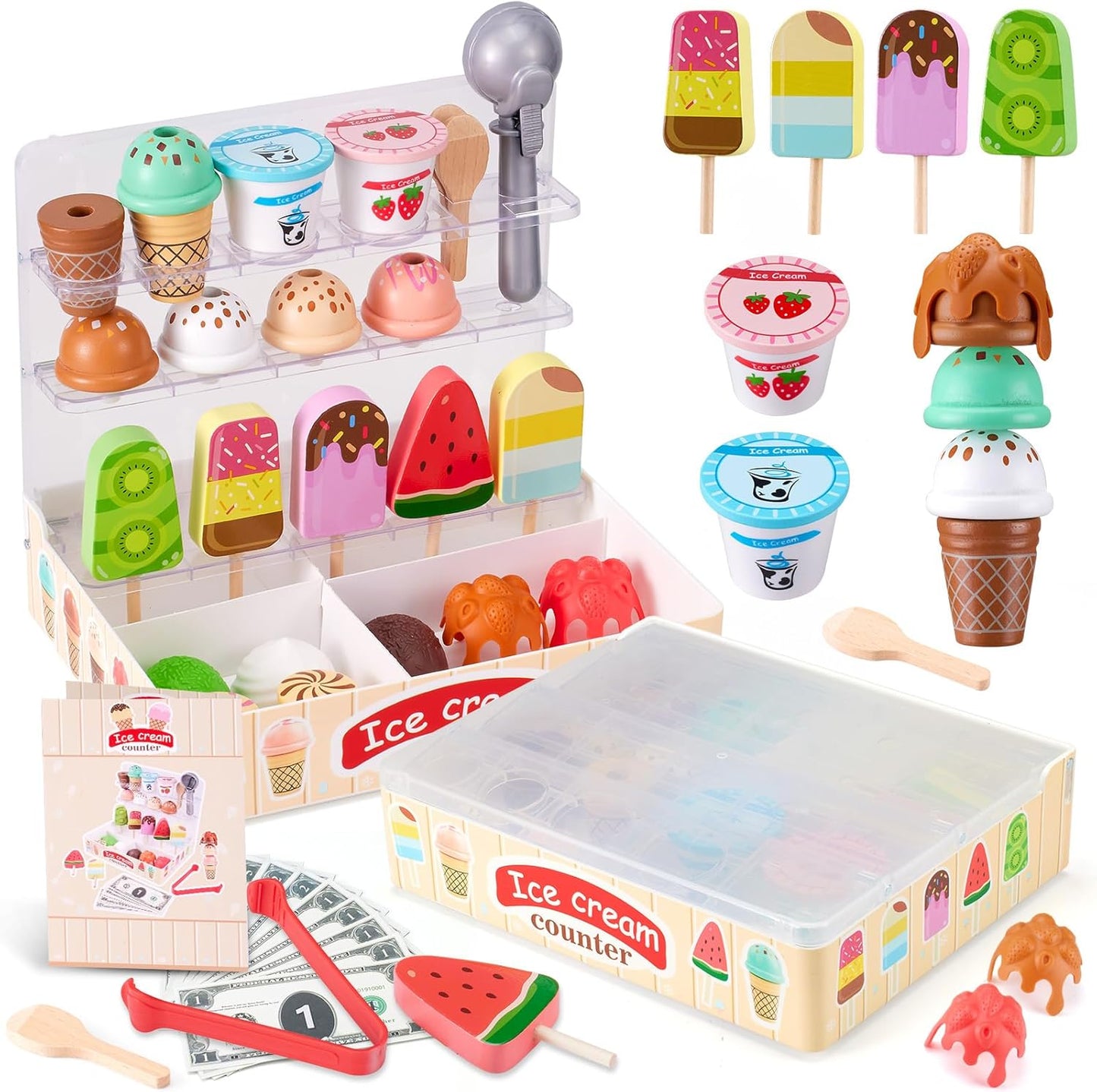 Ehome Wooden Ice Cream Toys Set Pretend Play Food Store for Kids Serve Ice Cream Counter Shop Kitchen Playset with Lucky Wheel, Scoop, Menu, Fake Money for Boys and Girls Ages 3 4 5 6 Birthday Gift