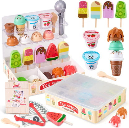 Ehome Wooden Ice Cream Toys Set Pretend Play Food Store for Kids Serve Ice Cream Counter Shop Kitchen Playset with Lucky Wheel, Scoop, Menu, Fake Money for Boys and Girls Ages 3 4 5 6 Birthday Gift
