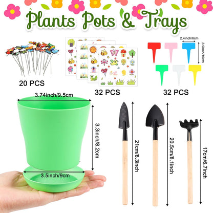 32 Set Garden Plastic Pot Craft Kit DIY Flower Plant Crafts Nursery Pots with Stickers Flower Planting Growing Kit for Spring Summer Home Classroom School Creative DIY Art Project Activities