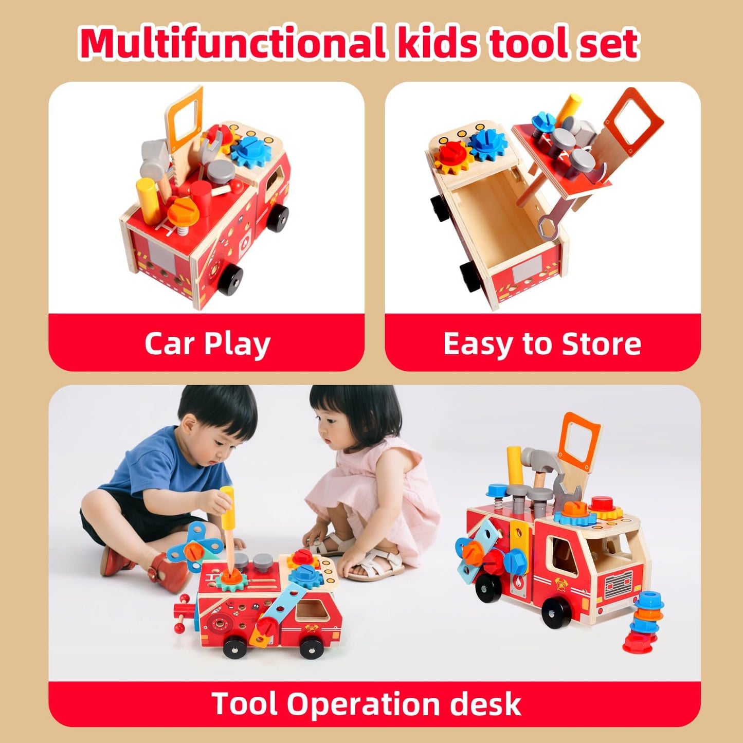 GAIETYDIY Toddler Tool Set - 33 PCS Wooden Kids Tools with Box/Bench/Tool House, Montessori Educational Pretend Play Preschool Toys Gifts for 3 Year Old Boy Girl Kids, STEM Fine Motor Skills Tool Set