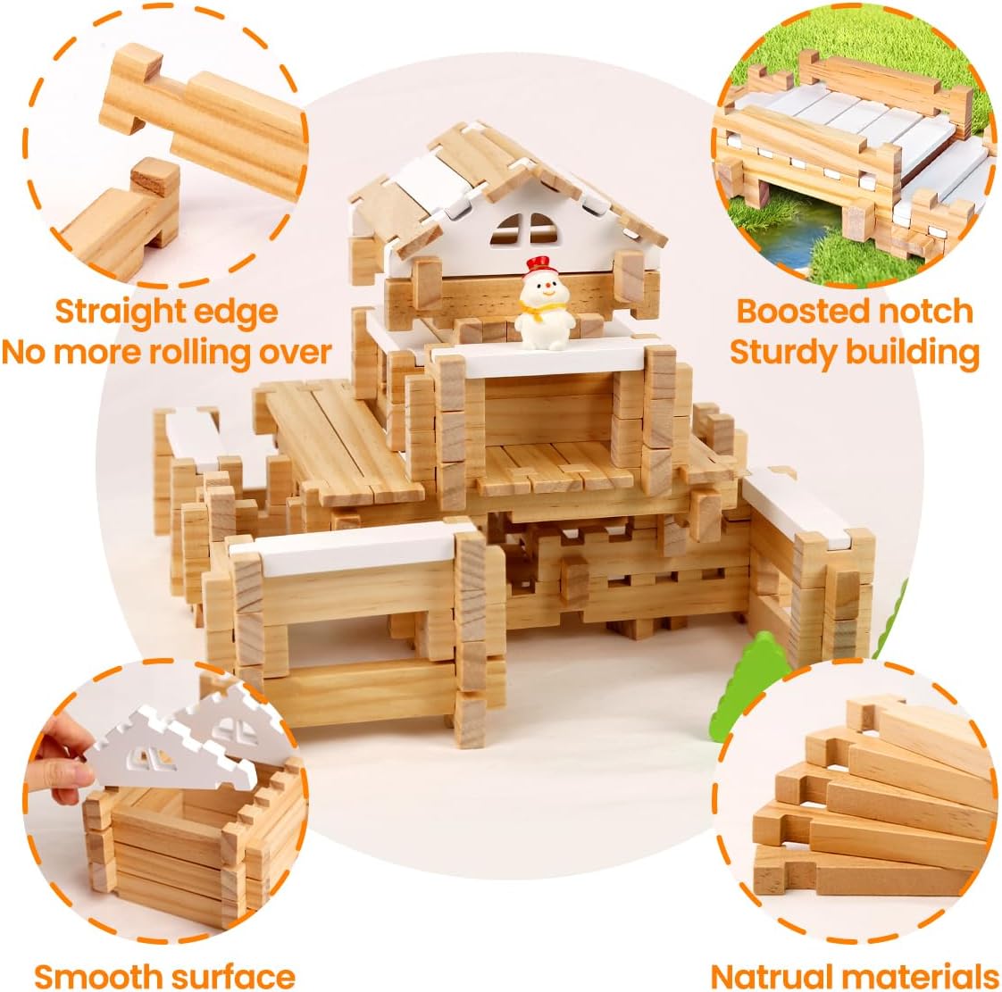 Jovi-mindly＆Notchies 96 PCS Wooden Blocks Wooden Toys with Storage Bag, Preschool Learning Toys Wood Blocks Building for Kids Ages 4-8 Creative Construction Game,FSC Certified,Birthday Toys Gifts