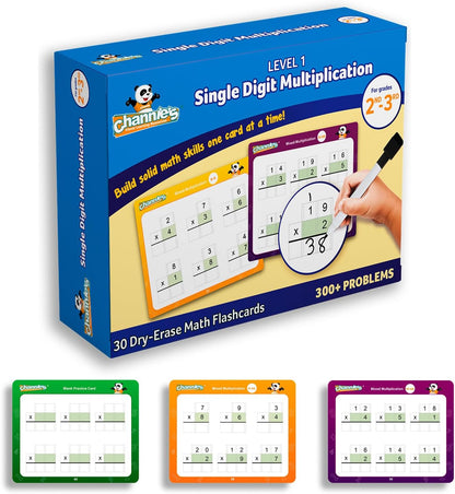 Channie’s Single Digit Multiplication Flashcards, 30 Double-Sided Dry Erase 2nd - 3rd Grade Multiplication Flash Cards, Easy-to-Use Level 1 Multiplication Practice, 300+ Problems