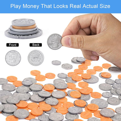 Play Money Coins for Kids, Fake Money Coins with Coin Jar, Realistic Teaching Pretend Fake Money Coins Set, Plastic Toy Prop Fake Money Coins for Kids Learning Education Party, 250pcs