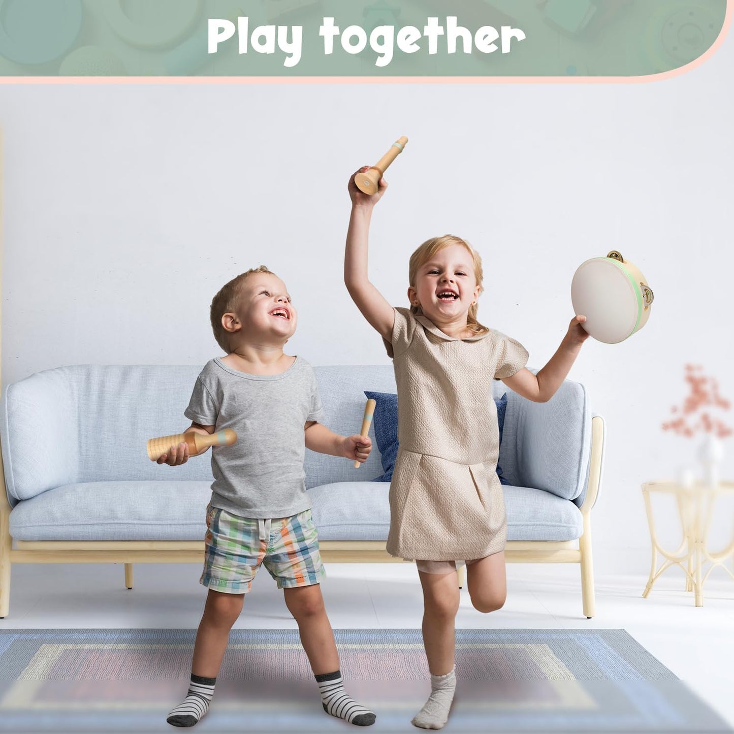 Stoie's Wooden Toddler Musical Instruments with Drum, Hand Bells, Flute, Maracas, Castanet, Tamburine, for Babies and Kids, Eco Friendly Montessori Educational Toy