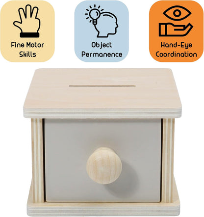 Montessori Coin Box, Montessori Toys for 1 Year Old Toddler Coins, Baby Wooden Toy Ball Infant Drawer Drop, 1+ Baby Essentials Object Permanence Learning