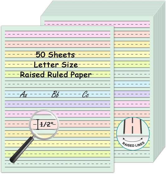 100 Sheets Handwriting Paper 8.5”x11” Double Side Colored Primary Writing Paper for Kids with ADHD 0.5” Tactile Writing Lines Spacing Multi-Sensory Ruled Handwriting Tablet Dysgraphia Pad for Children