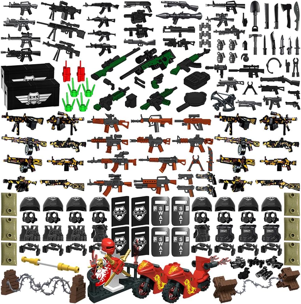 390+ Pcs Military Weapon Pack Building Blocks Toys Army Weapon Set Soldier Gear Set SWAT Accessories Kits, Camouflage Helmet Tactical Vest Shields Gatling, Compatible with Major Minifigure