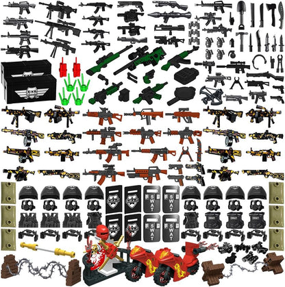 390+ Pcs Military Weapon Pack Building Blocks Toys Army Weapon Set Soldier Gear Set SWAT Accessories Kits, Camouflage Helmet Tactical Vest Shields Gatling, Compatible with Major Minifigure