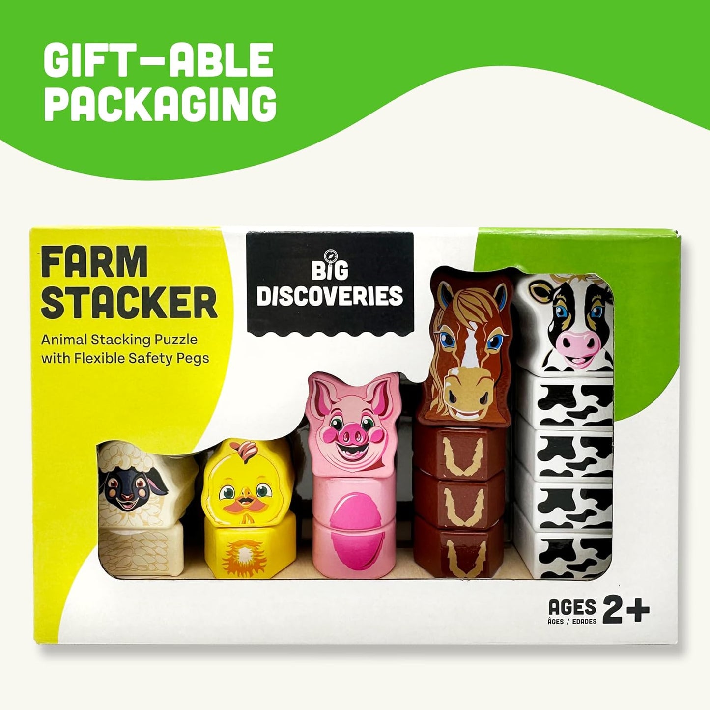 Big Discoveries Stacker - Animal Block Stacking Puzzle for Ages 2 and Up | Durable Wooden Geometry Shape Toy with Flexible Safety Pegs and Pegboard - Montessori Stack Toy for Toddlers (Farm Stacker)