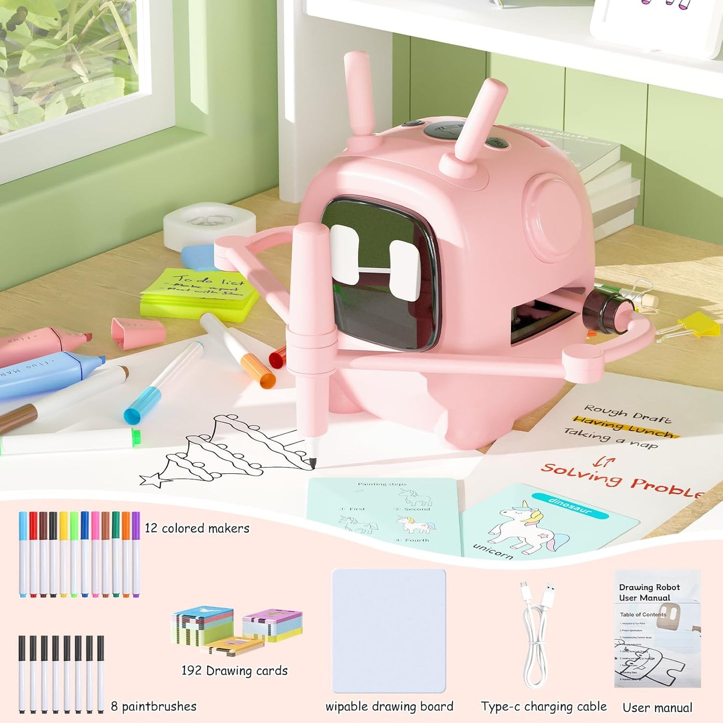 Drawing Robot for Kids with 192 Cards, Smart Robot Drawing Machine Toys for 3+ Year Old Boys and Girls, Interactive Painting Learning and Educational Toy Perfect for Birthday Chirstmas Party, White