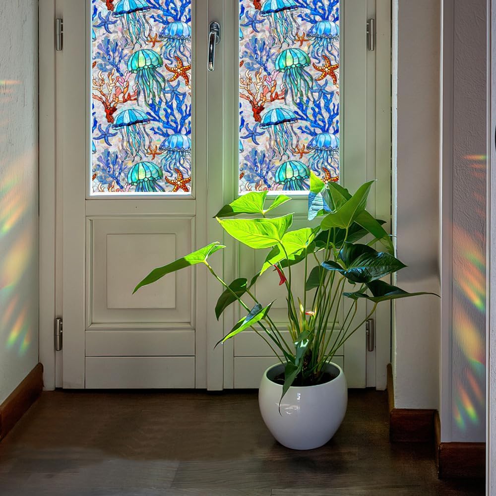 Flower Stained Glass Window Film Decorative Static Cling Stickers Sun Blocking Privacy Decals for Home Car White Lily