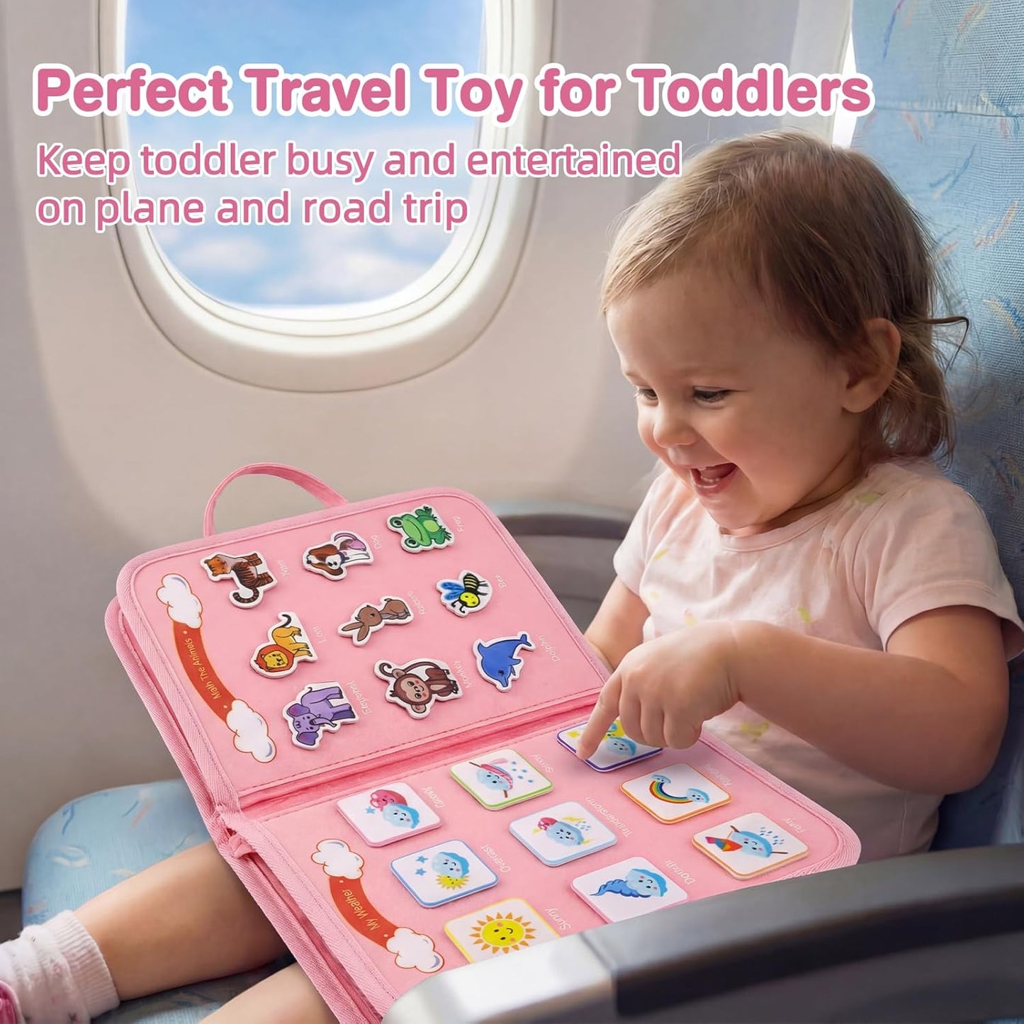 Toddler Busy Board Montessori Toys for Toddlers Girls 1-3 Year Old Birthday Gifts, Sensory Busy Book Learning Educational Activities, Airplane Car Travel Toy