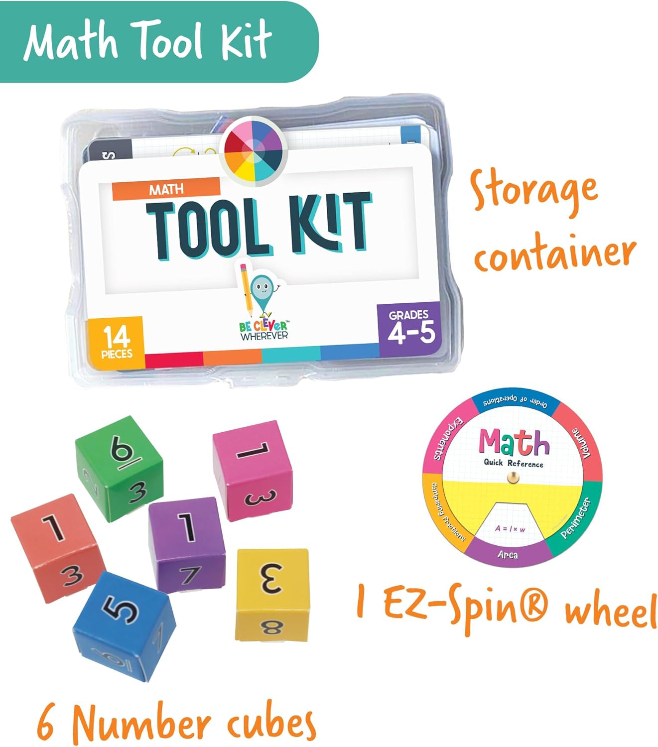 Carson Dellosa 30-Piece Be Clever Wherever Grades 4-5 Mathematics Tool Kit, Sticker Chart, Spin Wheel, Counting Cubes, and More Math Manipulatives Covering Multiplication and Fractions