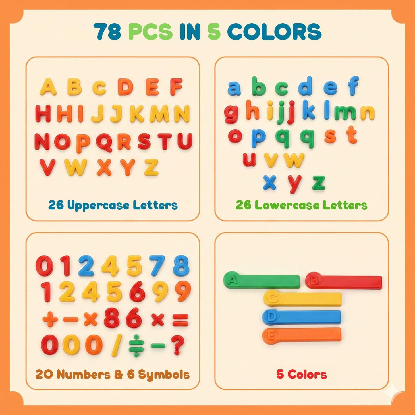 JoyLearn 78 Pieces Magnetic Letters and Numbers Alphabet Fridge Magnets ABC 123 Colorful Plastic Uppercase Lowercase Educational Toy Set with Math Symbols for Kids (78 PCS)