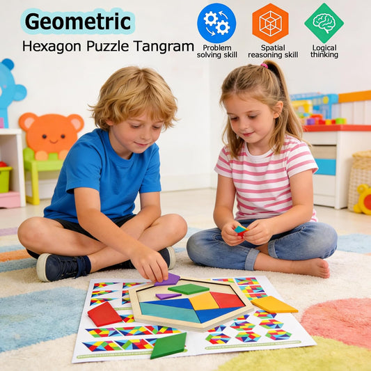 KINGOU Wooden Hexagon Puzzle Tangram for Kids and Adults, 12 Large Pieces Montessori Geometric Shape Brain Teasers, STEM Logic Game Learning Toy, Creative Desktop Coffee Table Travel Puzzle Gift