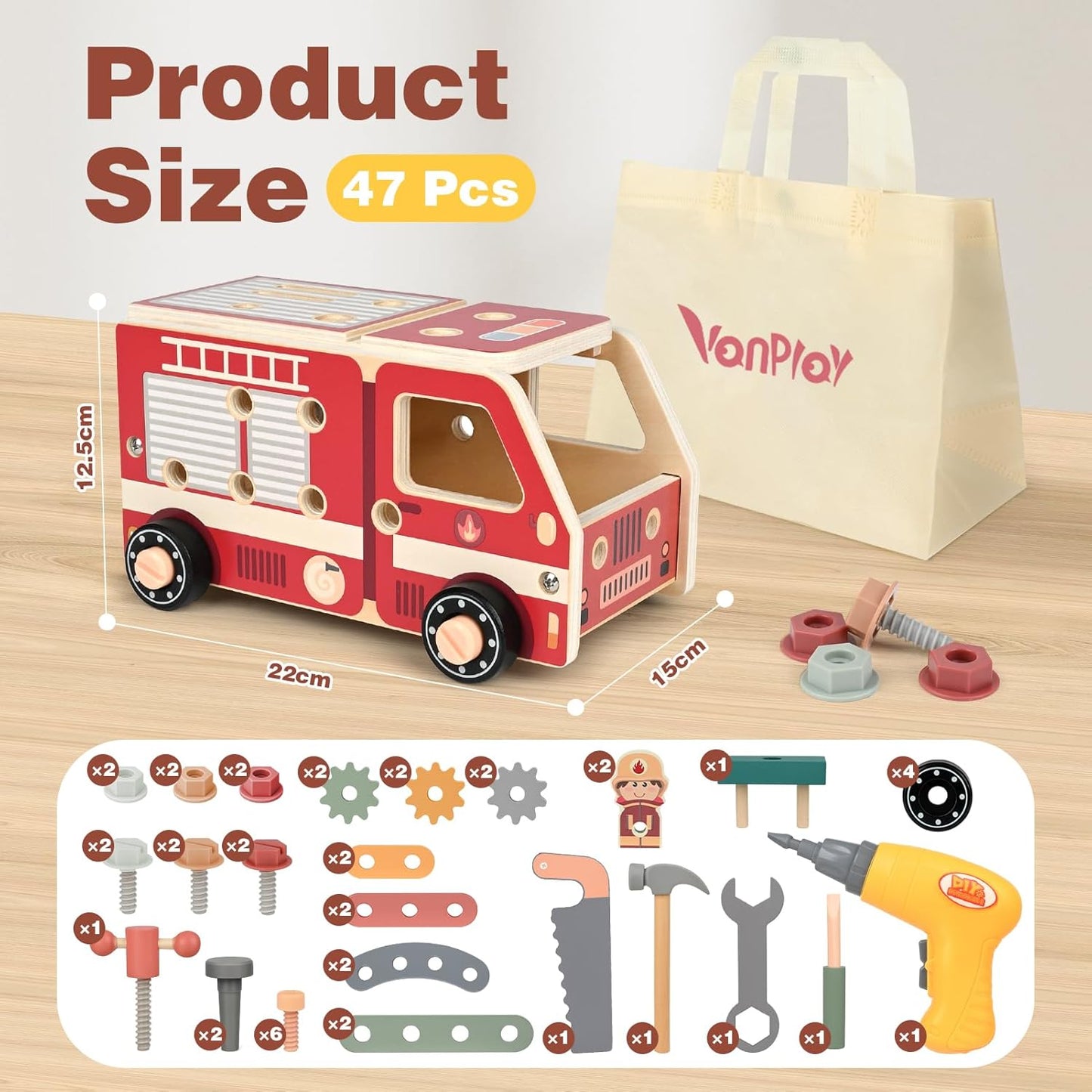 Vanplay Kids Tool Set for Boys - Montessori Toys for 3 4 5 Year Old Boy Christmas Birthday Gifts - 47 Pcs Wooden Toddler Tool Kits with Drill, Learning Educational Construction Toy for Kids Age 3-5