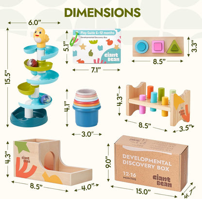 Giant bean Montessori Toys for Baby, 6-in-1 Wooden Early Education Learning Toys with Sensory Teething,Object Permanence Box,Shape Sorting Stacking Ring,Mirror Puzzle,Christmas Toy for Kid 1 2 3