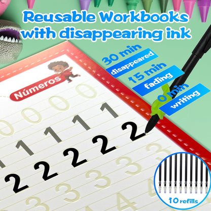 4 Magic Grooved Writing Practice for Kids - English Pre K Tracing Practice Book, Reusable Preschool Handwriting Workbooks Without Tears, 4-Theme Copybooks with Pen Refill for Age 3-10 (English, Small)