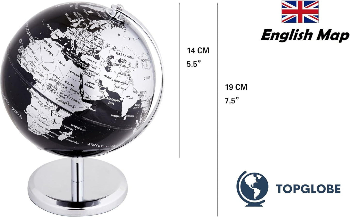 Political Globe Dia 5.5-inch / 14cm- Educational/Geographic - Stainless Steel Arc and Base - School, Home, and Office