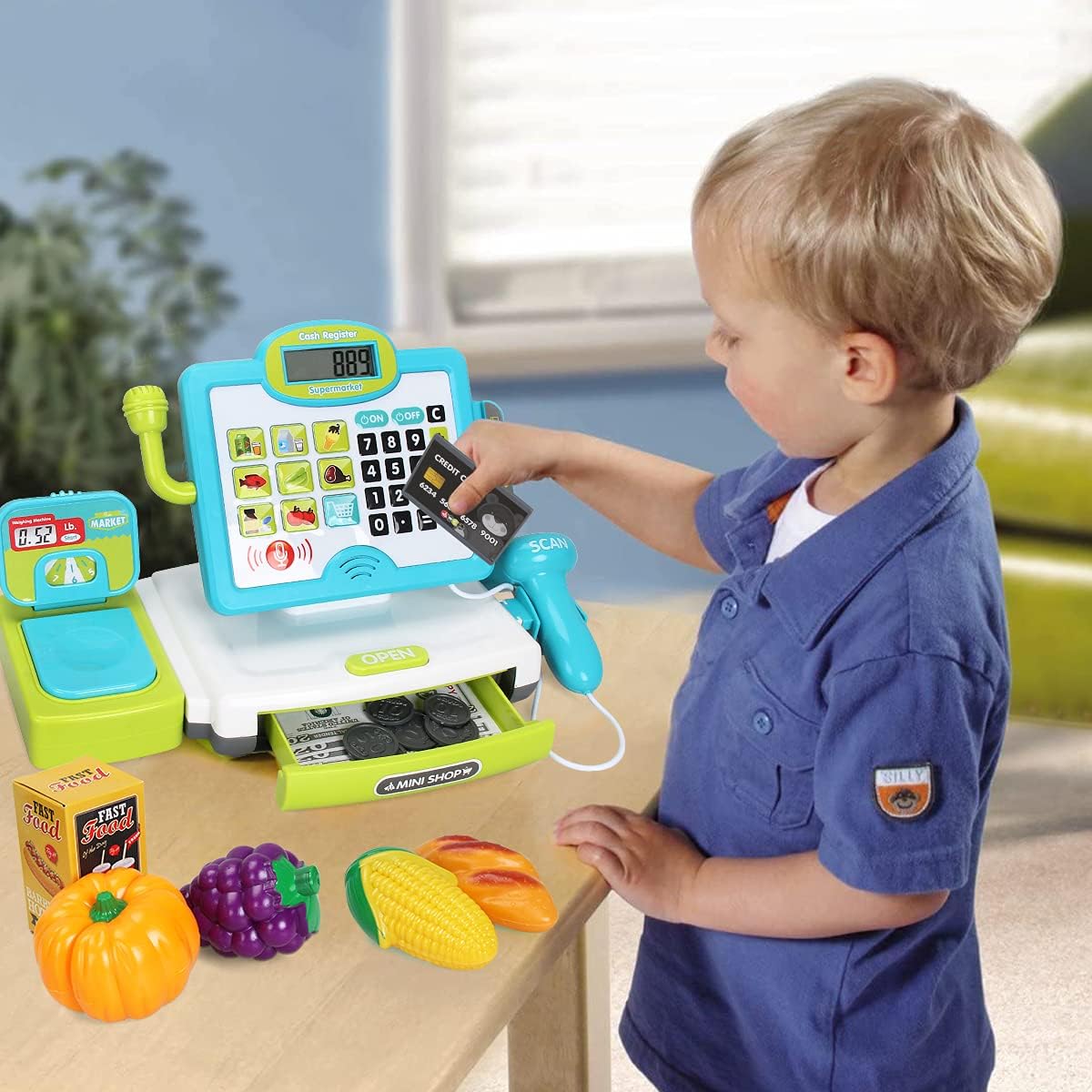 FS Pretend Play Cash Register Toy with True Barcode Scanner & Calculator, Microphone, Play Food, Supermarket Cashier, Great Pre-School Gift Cash Register for Kids Boys & Girls, Ages 3 4 5 6 8