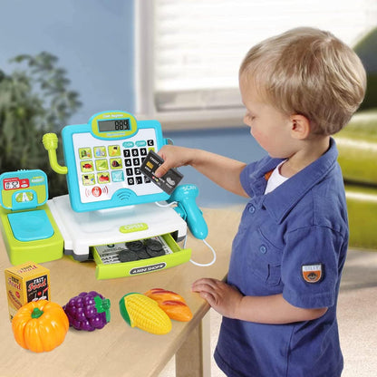 FS Pretend Play Cash Register Toy with True Barcode Scanner & Calculator, Microphone, Play Food, Supermarket Cashier, Great Pre-School Gift Cash Register for Kids Boys & Girls, Ages 3 4 5 6 8