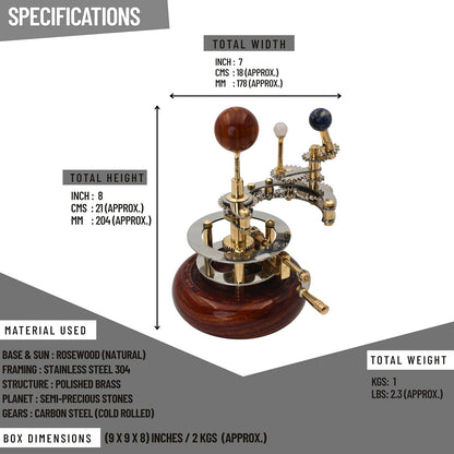 Solar System Model | Educational & Decorative Astronomy Orrery | Premium Brass Mechanical Planetarium (8" Earth & Moon)