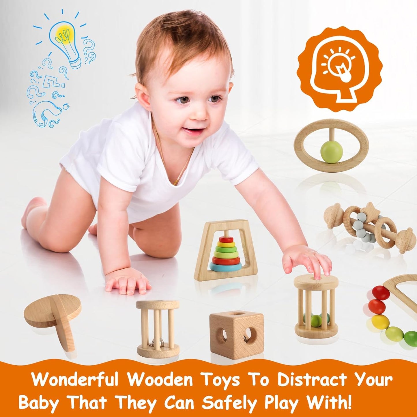 Wooden Rattles for Baby, 7PCS Wooden Montessori Toys for 7-24 Months Baby Boy Girl, Natural Beech Wood Grasping Toy, Gift for Babies