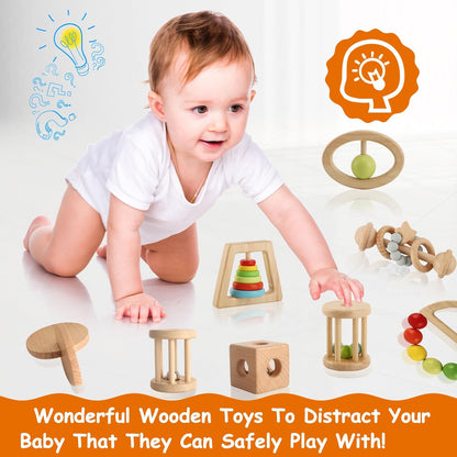 Wooden Rattles for Baby, 7PCS Wooden Montessori Toys for 7-24 Months Baby Boy Girl, Natural Beech Wood Grasping Toy, Gift for Babies