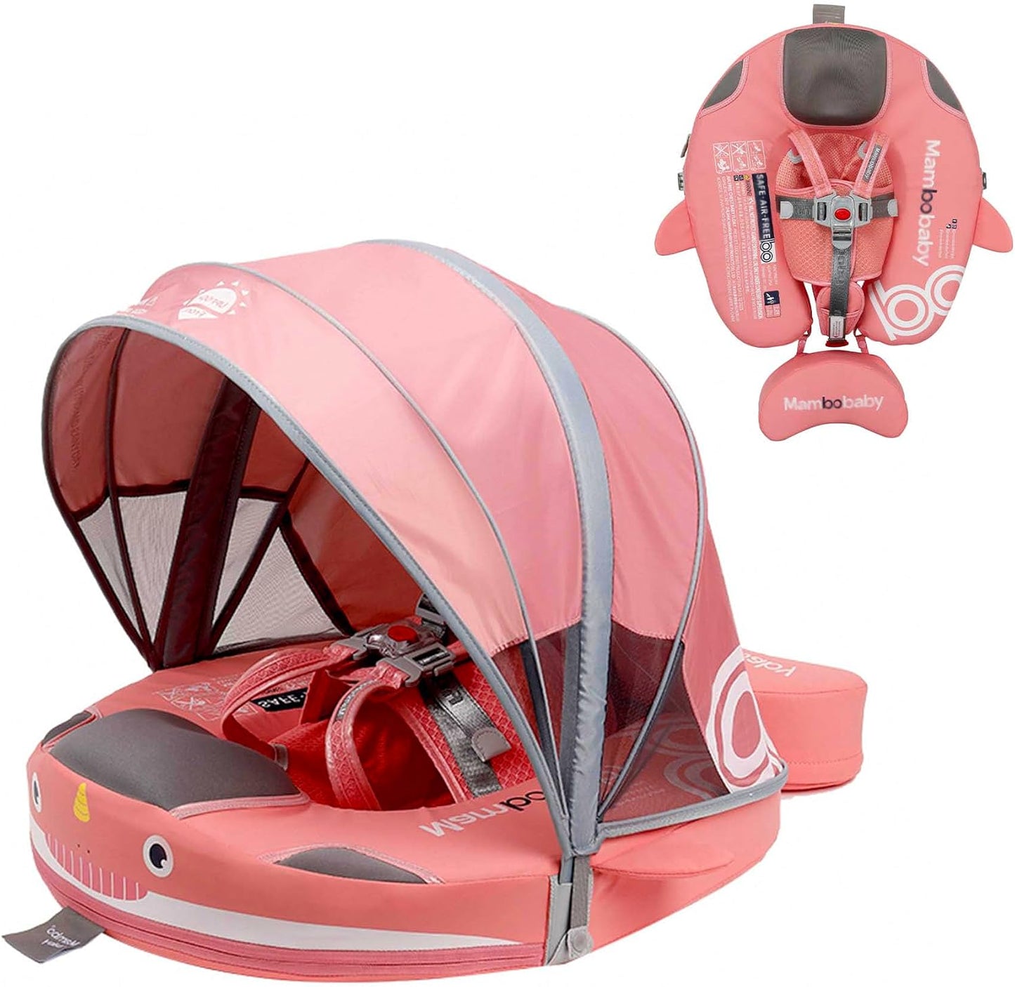 Baby Pool Float with UPF50+ 3D Adjustable Canopy, Add Tail Mambobaby Float Non Inflatable Infant Floats for Pool, Cartoon Narwhal Baby Floats (NPink with Canopy-U05NPCTLUROHML01U05)
